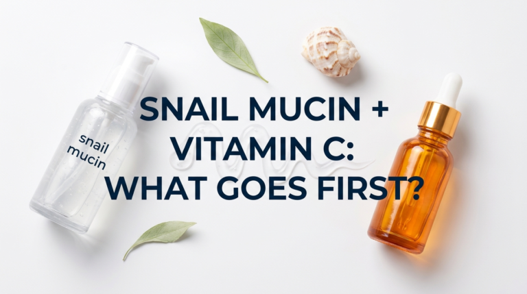 Snail mucin gel and vitamin C serum bottles with shell and leaf on white surface