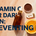 Vitamin C serum with terracotta tones, brown skin swatch disc, SPF prop and citrus on warm marble