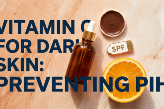 Vitamin C serum with terracotta tones, brown skin swatch disc, SPF prop and citrus on warm marble