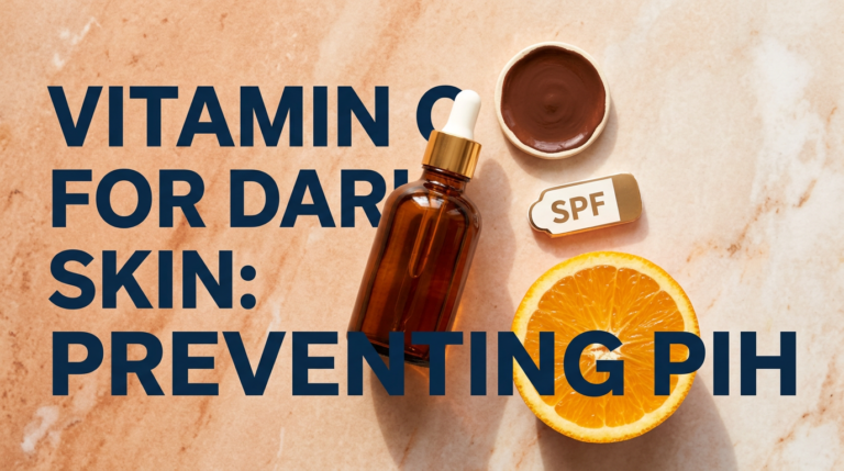Vitamin C serum with terracotta tones, brown skin swatch disc, SPF prop and citrus on warm marble