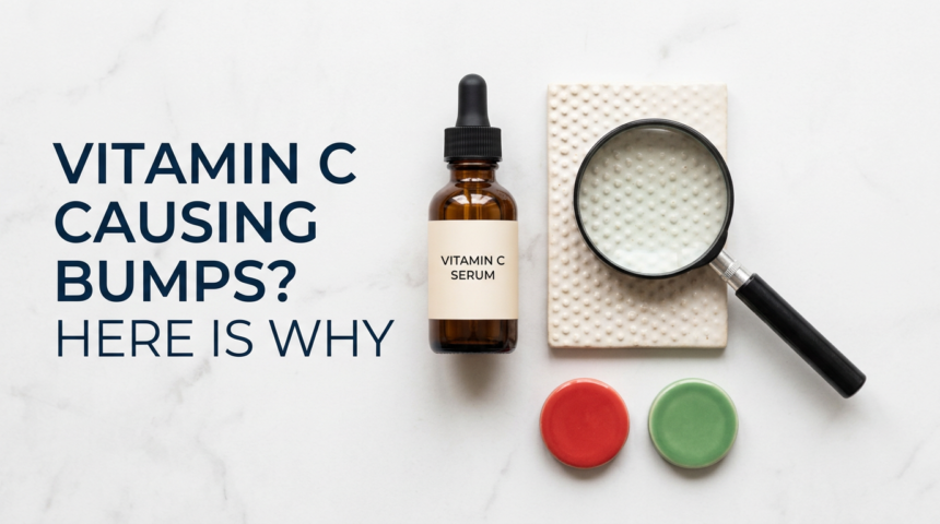 Vitamin C serum bottle with bump texture and magnifying glass caution props on white stone