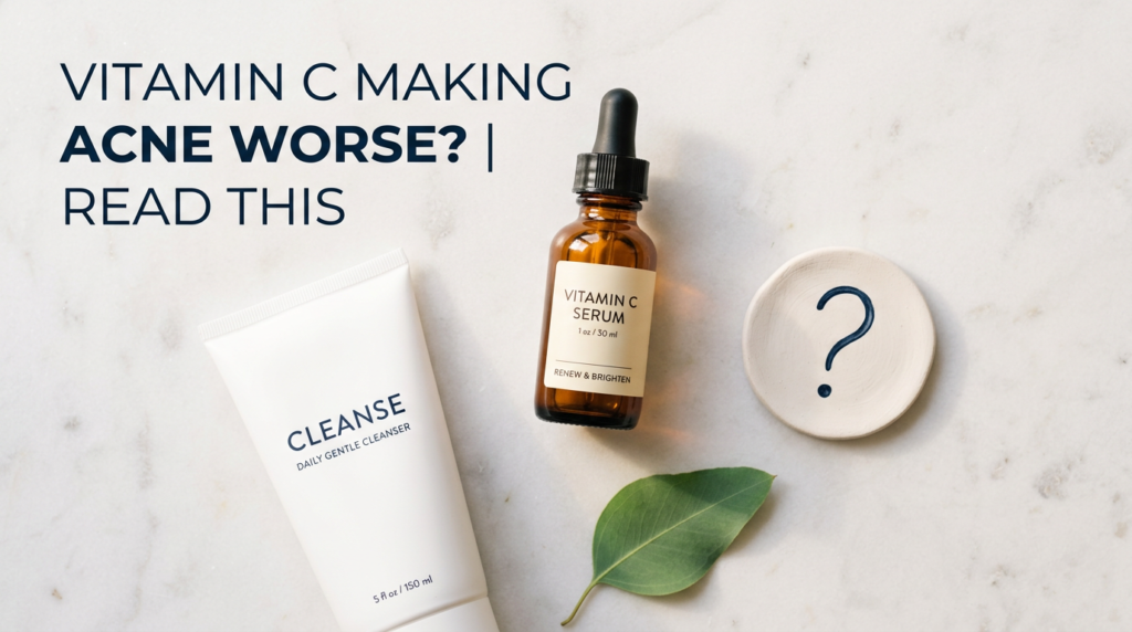 Vitamin C serum and cleanser with question mark prop on white stone in sage green tones