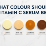 Five colour swatch discs from white to brown showing vitamin C serum freshness on white marble