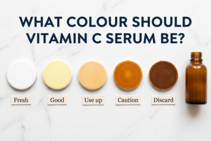Five colour swatch discs from white to brown showing vitamin C serum freshness on white marble