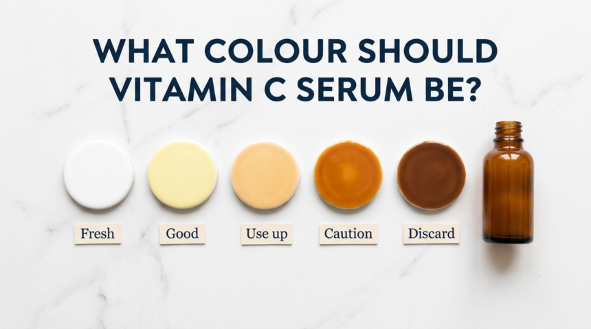 Five colour swatch discs from white to brown showing vitamin C serum freshness on white marble