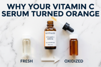 Clear and dark orange vitamin C vials with degradation arrow on white marble surface