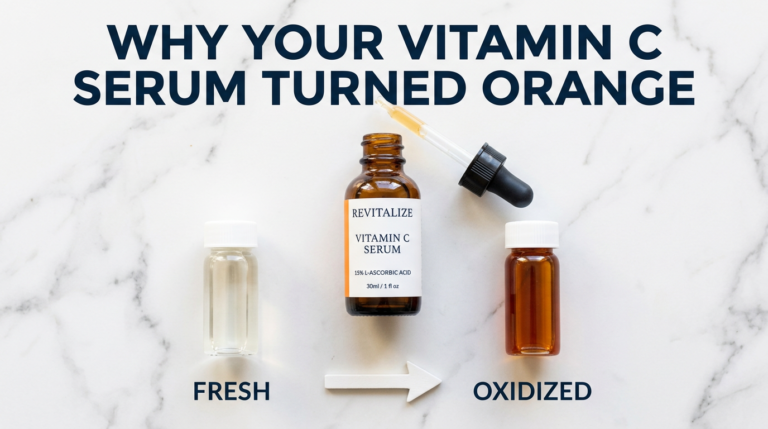 Clear and dark orange vitamin C vials with degradation arrow on white marble surface