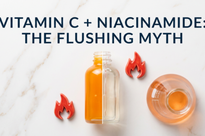 Vitamin C and niacinamide serums with chemistry flask and flame props on white marble