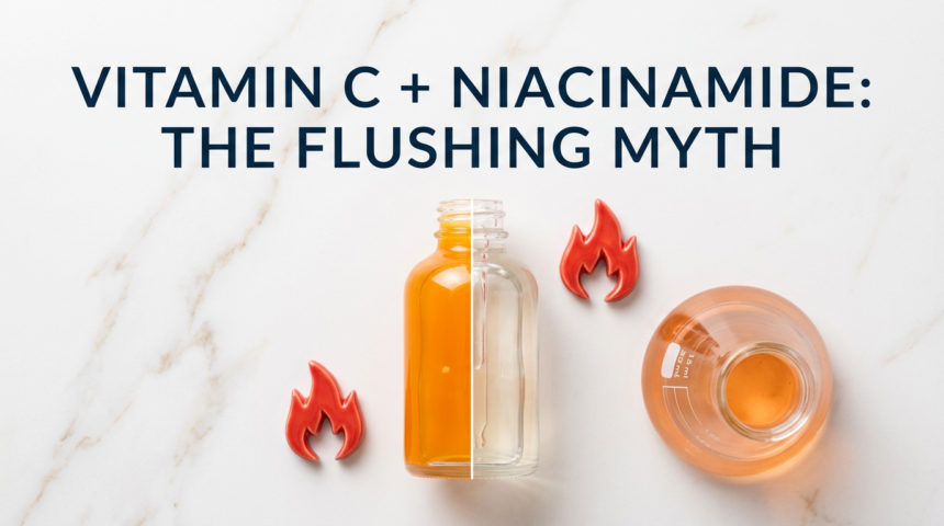 Vitamin C and niacinamide serums with chemistry flask and flame props on white marble
