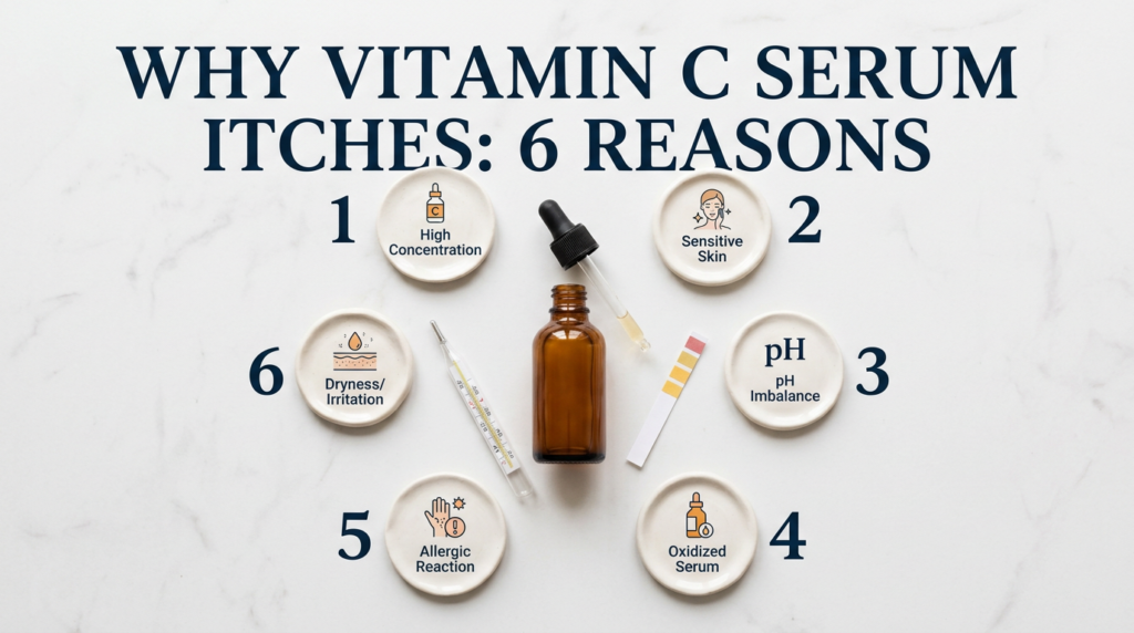 Vitamin C serum surrounded by six cause indicator discs and pH prop on white stone