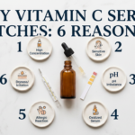 Vitamin C serum surrounded by six cause indicator discs and pH prop on white stone