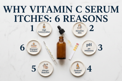Vitamin C serum surrounded by six cause indicator discs and pH prop on white stone