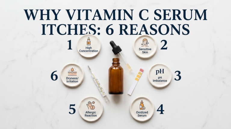 Vitamin C serum surrounded by six cause indicator discs and pH prop on white stone