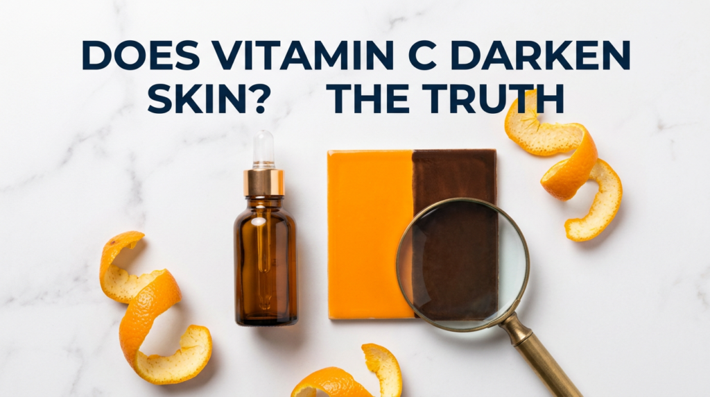 Vitamin C serum beside before-after oxidation colour tile with magnifying glass on marble