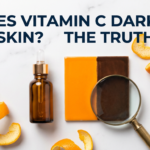Vitamin C serum beside before-after oxidation colour tile with magnifying glass on marble