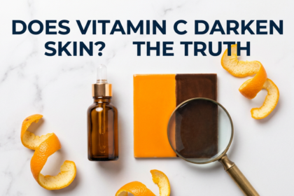 Vitamin C serum beside before-after oxidation colour tile with magnifying glass on marble