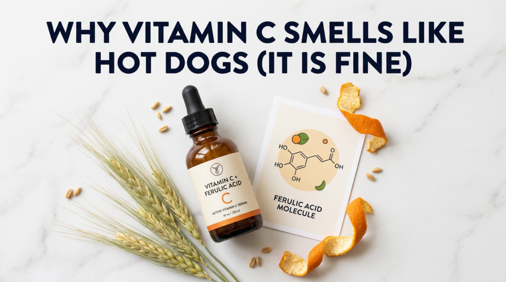 Amber vitamin C serum with ferulic acid molecule print, wheat stalks and orange peel on marble