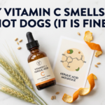 Amber vitamin C serum with ferulic acid molecule print, wheat stalks and orange peel on marble