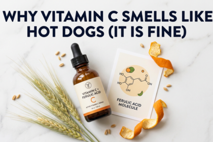 Amber vitamin C serum with ferulic acid molecule print, wheat stalks and orange peel on marble