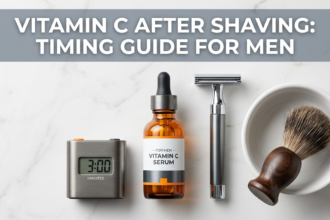 Amber vitamin C serum beside chrome razor and shaving bowl with timer prop on dark slate surface