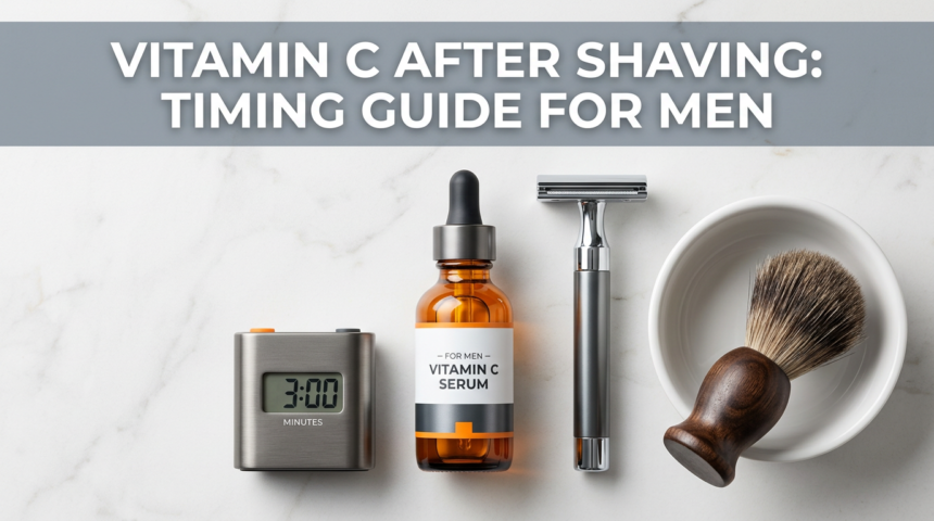 Amber vitamin C serum beside chrome razor and shaving bowl with timer prop on dark slate surface