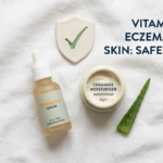 Gentle vitamin C serum with ceramide cream and shield prop on white fabric in sage green tones