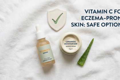 Gentle vitamin C serum with ceramide cream and shield prop on white fabric in sage green tones