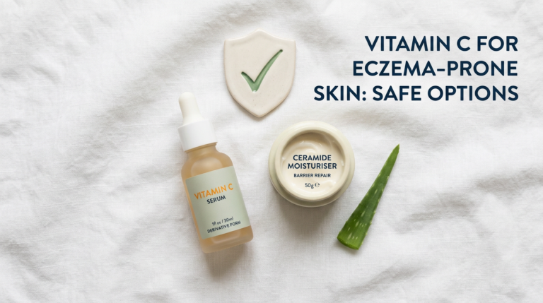 Gentle vitamin C serum with ceramide cream and shield prop on white fabric in sage green tones