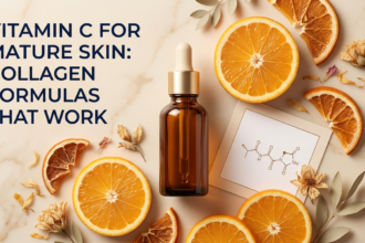 Premium amber serum with gold cap, orange slices and botanical props on champagne marble