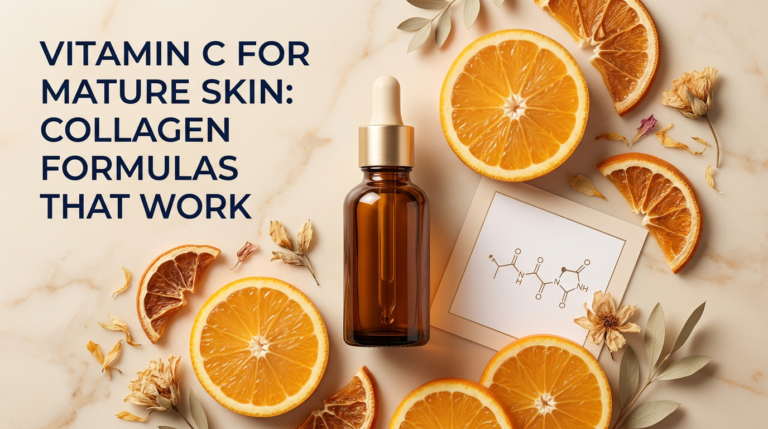 Premium amber serum with gold cap, orange slices and botanical props on champagne marble