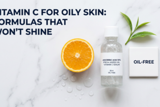Clear lightweight water-based vitamin C serum bottle with citrus slice, water droplets and oil-free tile on white marble surface for oily skin article