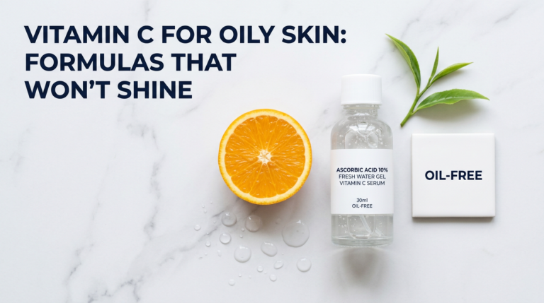 Clear lightweight water-based vitamin C serum bottle with citrus slice, water droplets and oil-free tile on white marble surface for oily skin article