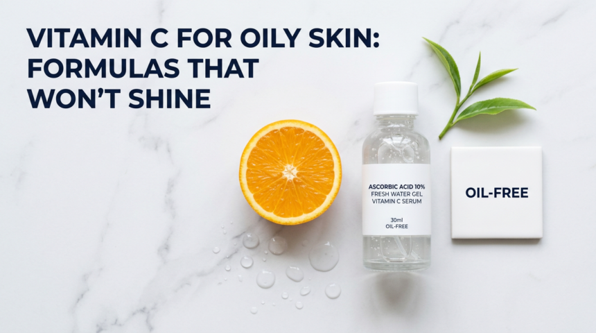 Clear lightweight water-based vitamin C serum bottle with citrus slice, water droplets and oil-free tile on white marble surface for oily skin article